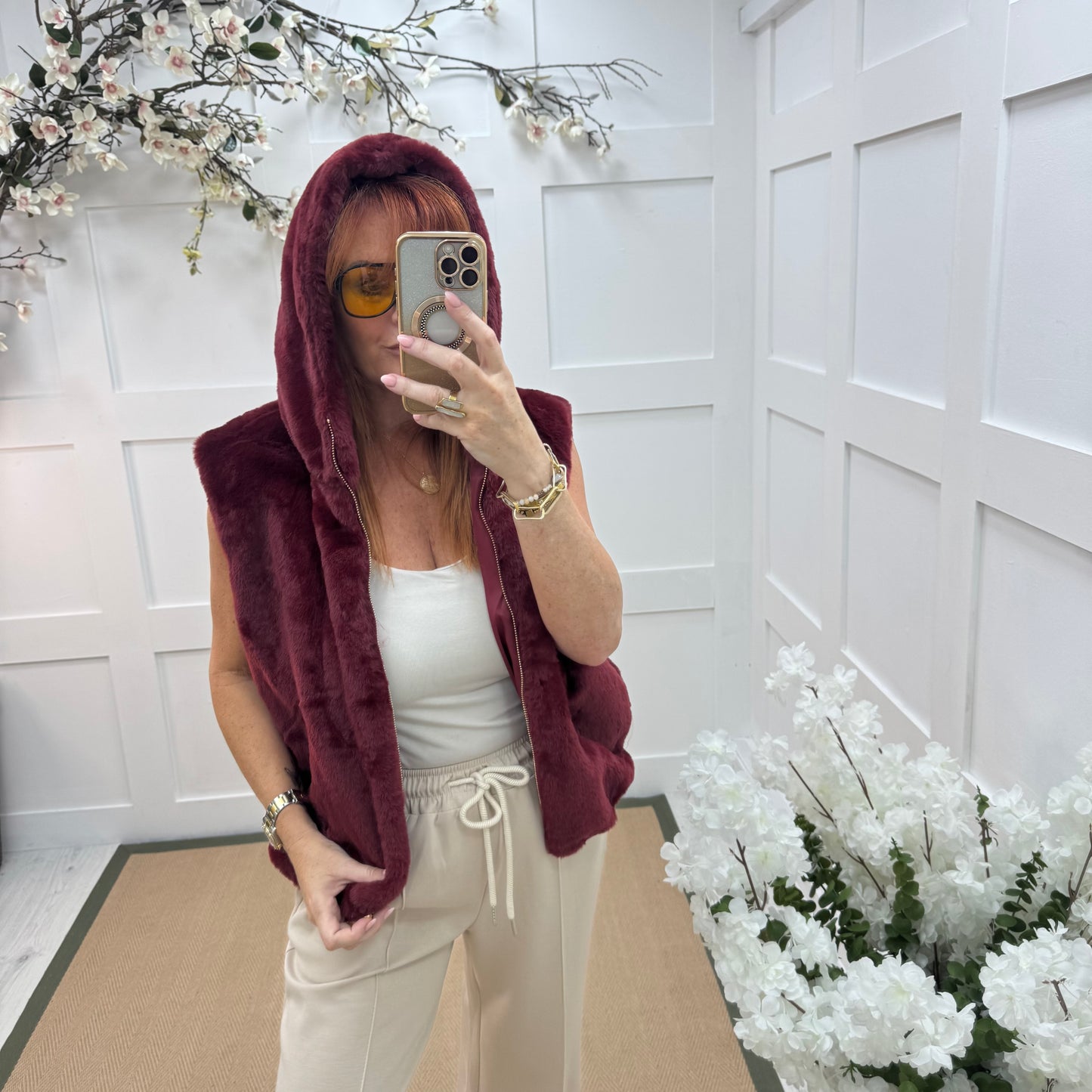 Sophie:  Burgundy faux fur hoodie gilet. One size 12-18