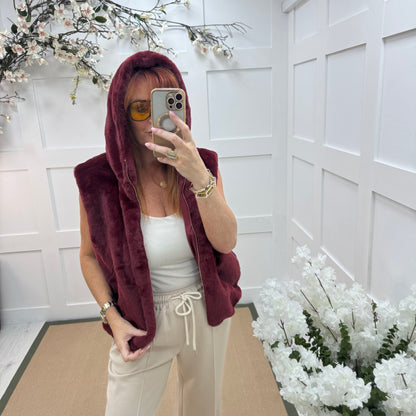 Sophie:  Burgundy faux fur hoodie gilet. One size 12-18