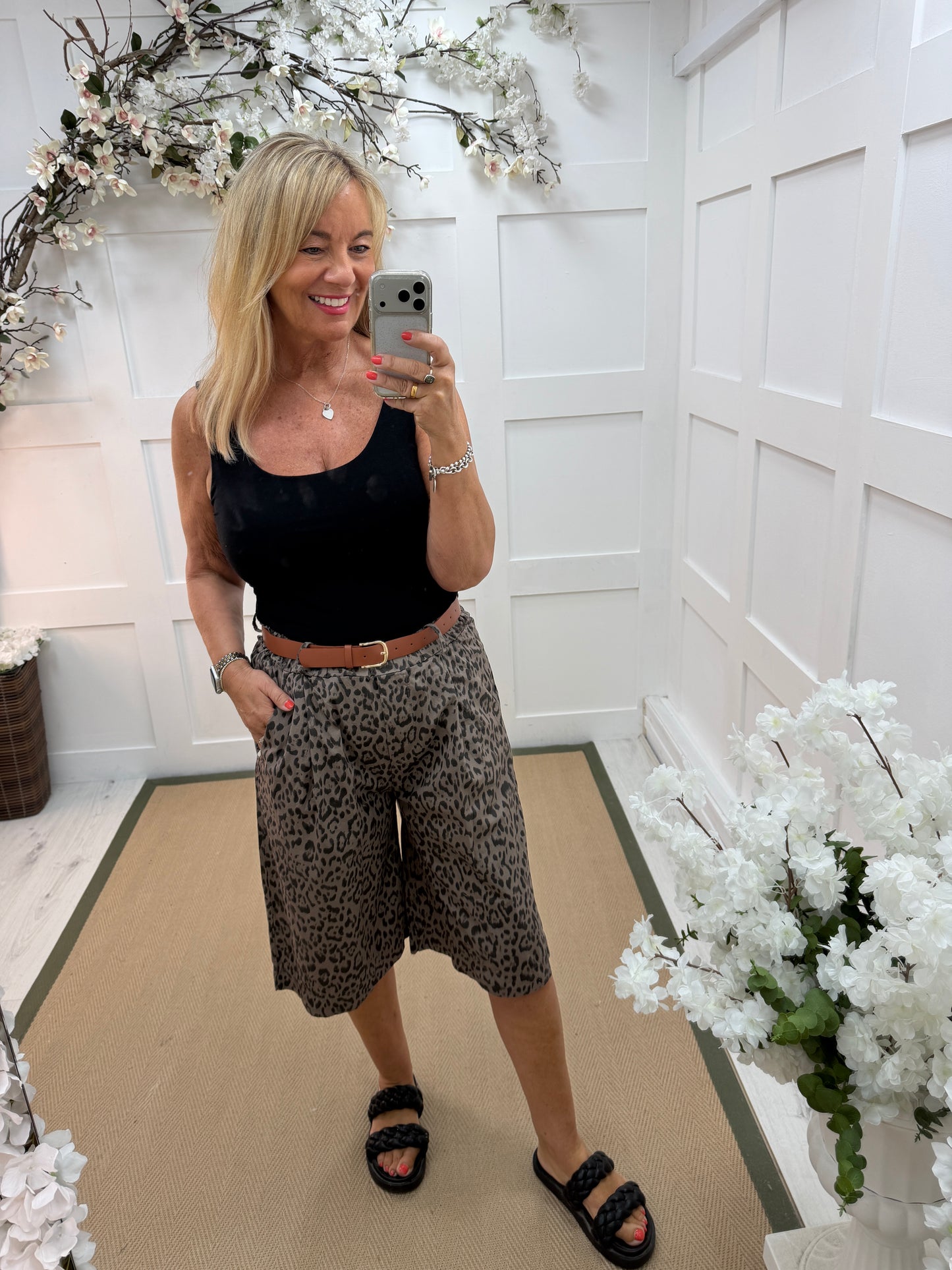 Leah: Leopard print bermuda knee length shorts. One size: 10-16. 2 colours