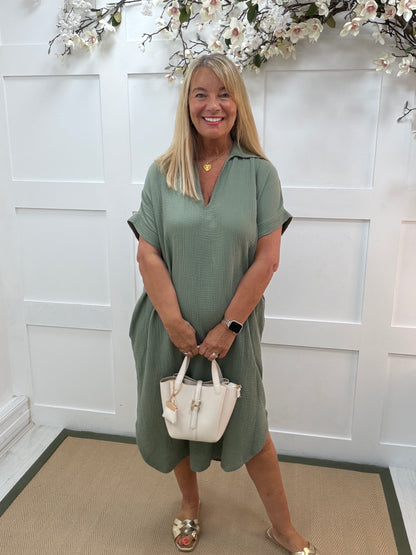 Shannon: Cheesecloth V neck midi dress with pockets. One size: 14-18. 3 colours