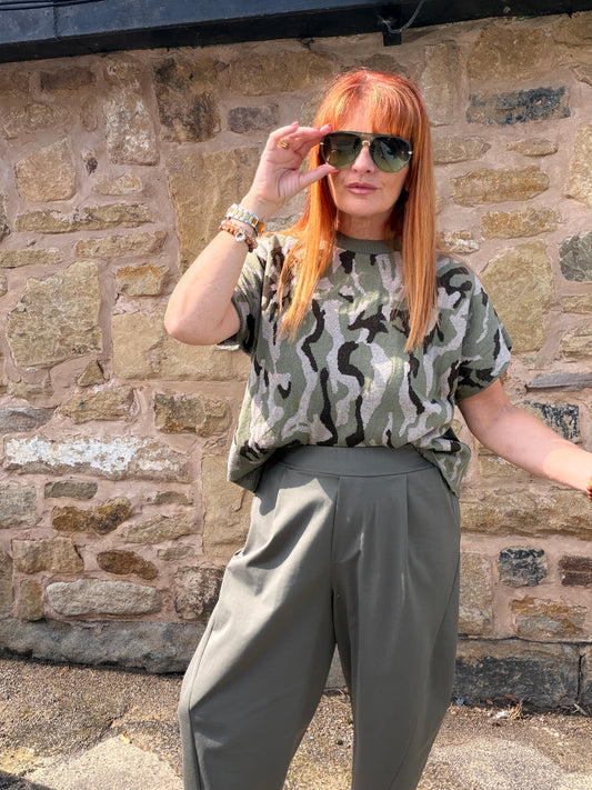 Rebel: Khaki cotton camo knit top. Sizes: 12-16