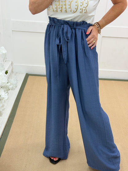 Lindy: Tie waist wide leg trousers. One size: 12-18. 4 colours