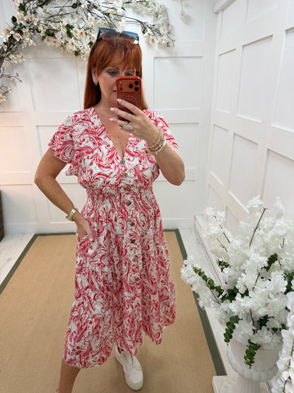 Danni: Red & cream leaf stretchy V neck midi dress. One size: 10-18