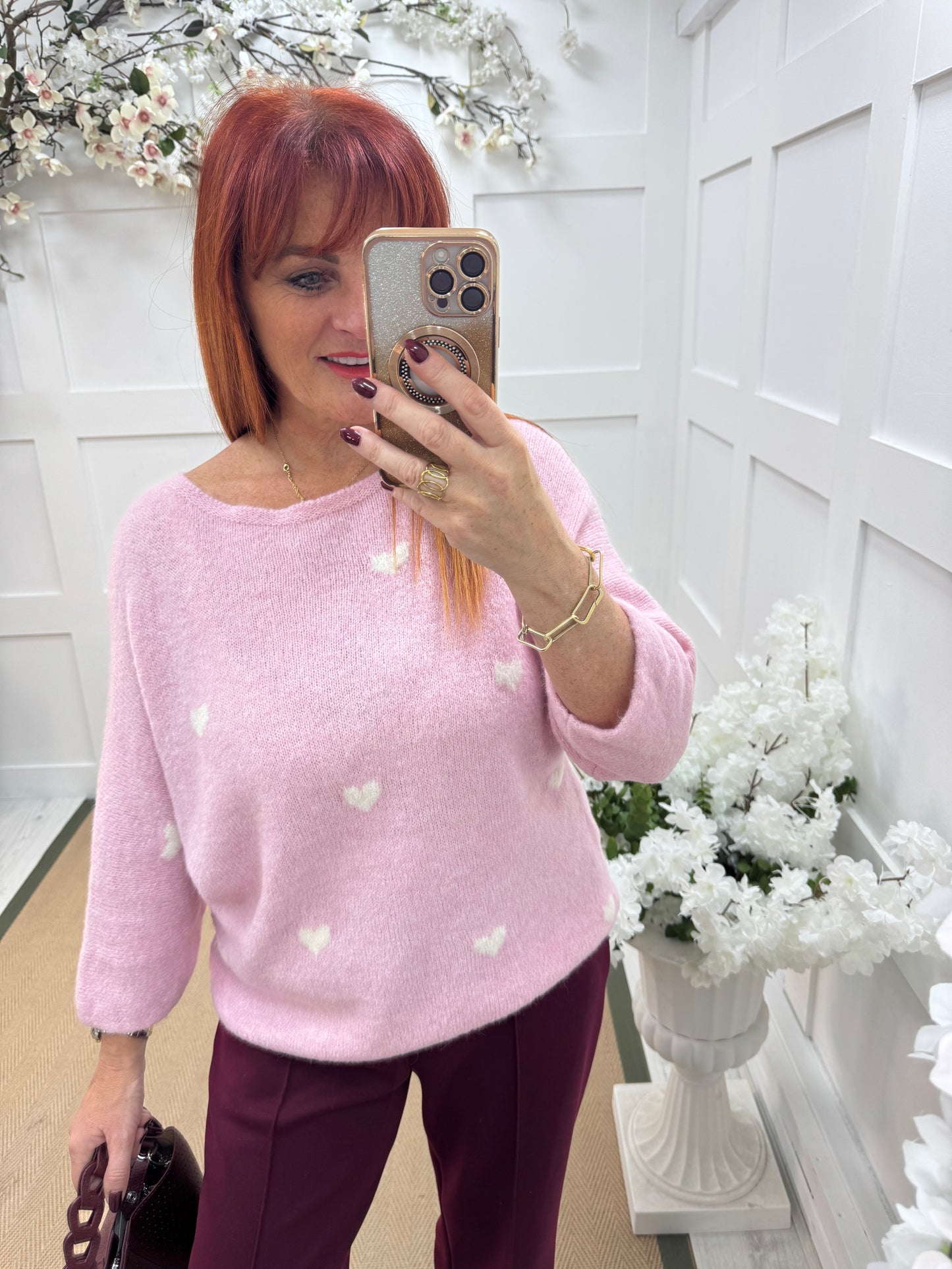 Eleanor: Pink and cream heart wool top. One size: 12-18