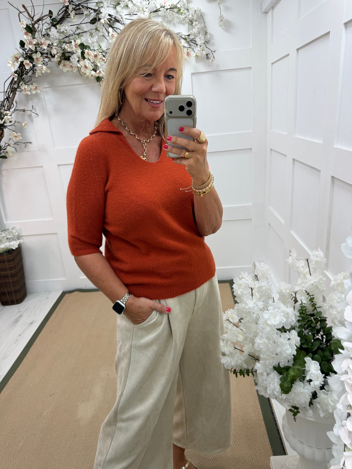 Verity: V neck collared short sleeve soft knit top. One size: 10-16. 5 colours