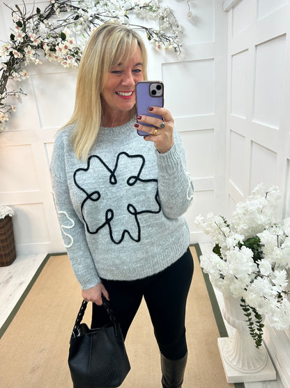 Maddie: Grey floral abstract knit jumper. One size 14-18