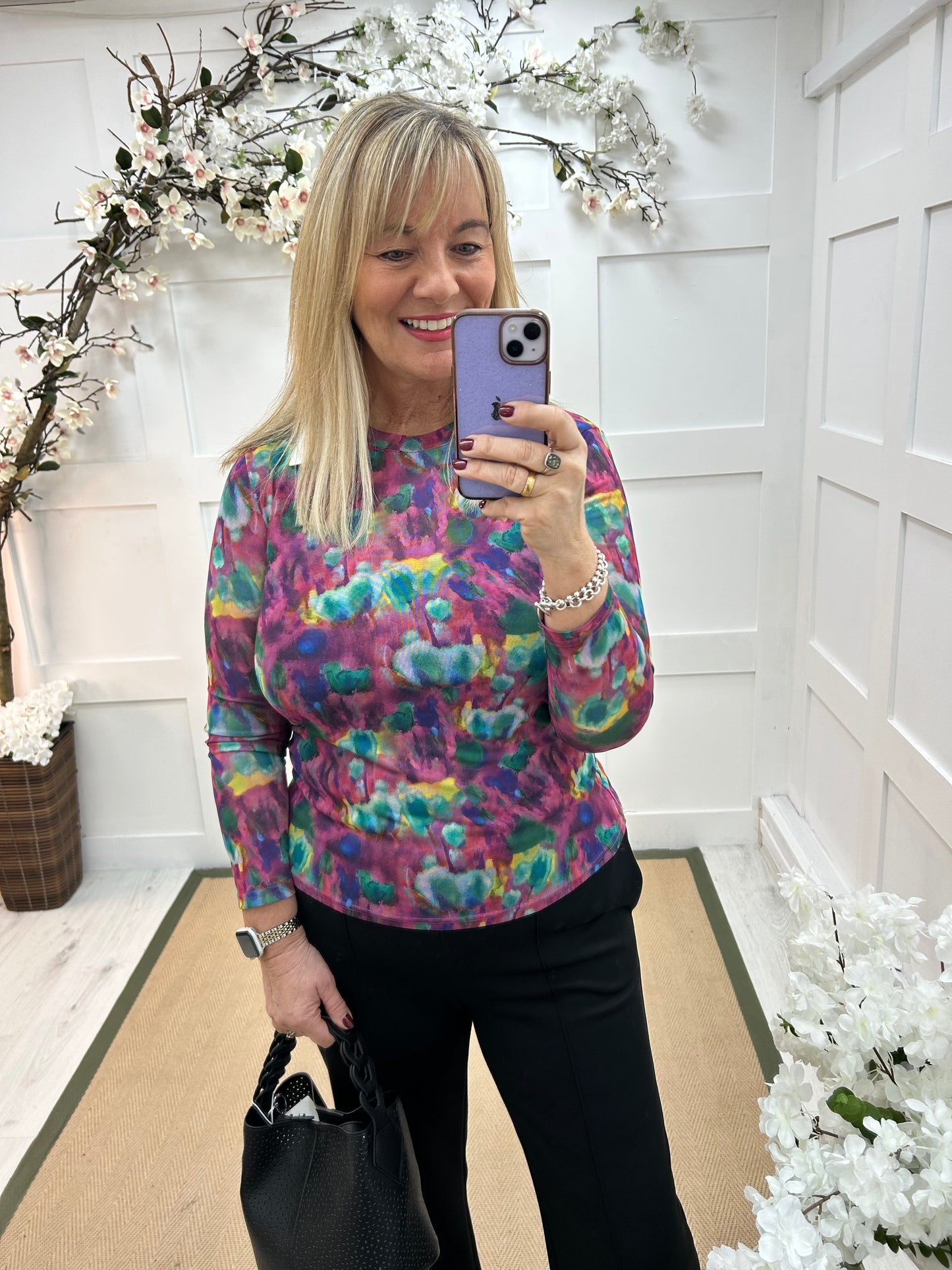 Kylie: Multicoloured sheer mesh top. 12-18