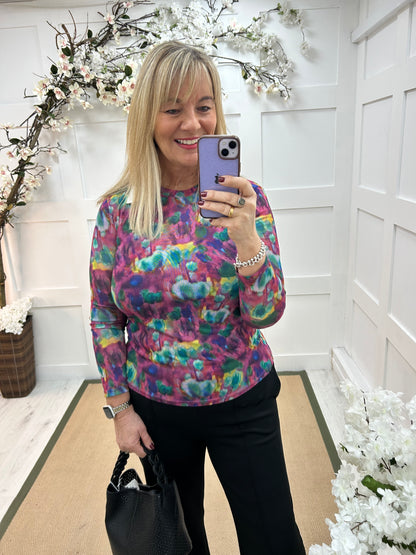 Kylie: Multicoloured sheer mesh top. 12-18