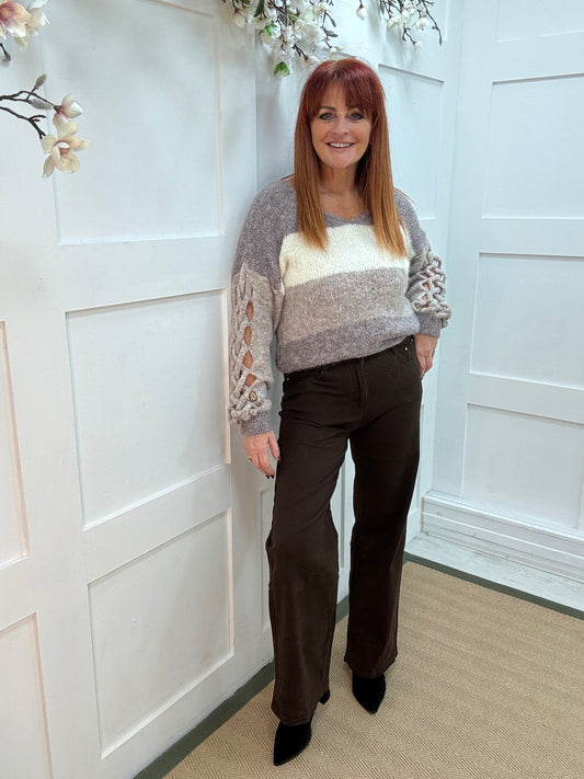 Beau: Brown high waist wide leg jeans. Sizes: 10-20