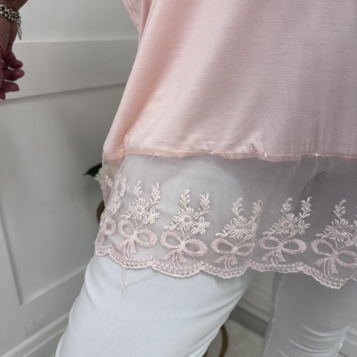 Mina: Oversized baby pink lace hem top. One size 16-28