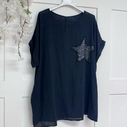Nina: Cotton sequin star top with pockets. One Size 14-24