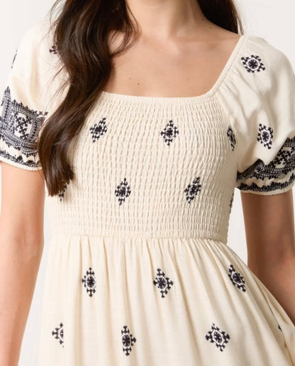 Pamela: Cream & black embroidered dress. 3 sizes