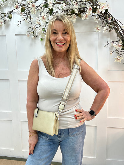 Abigail: Stretchy stone basic vest top. 2 sizes