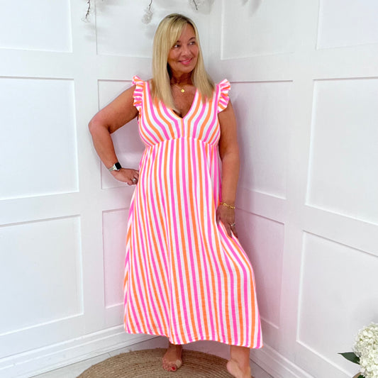Roman: White & pink stripe midi dress. One size: 12-18