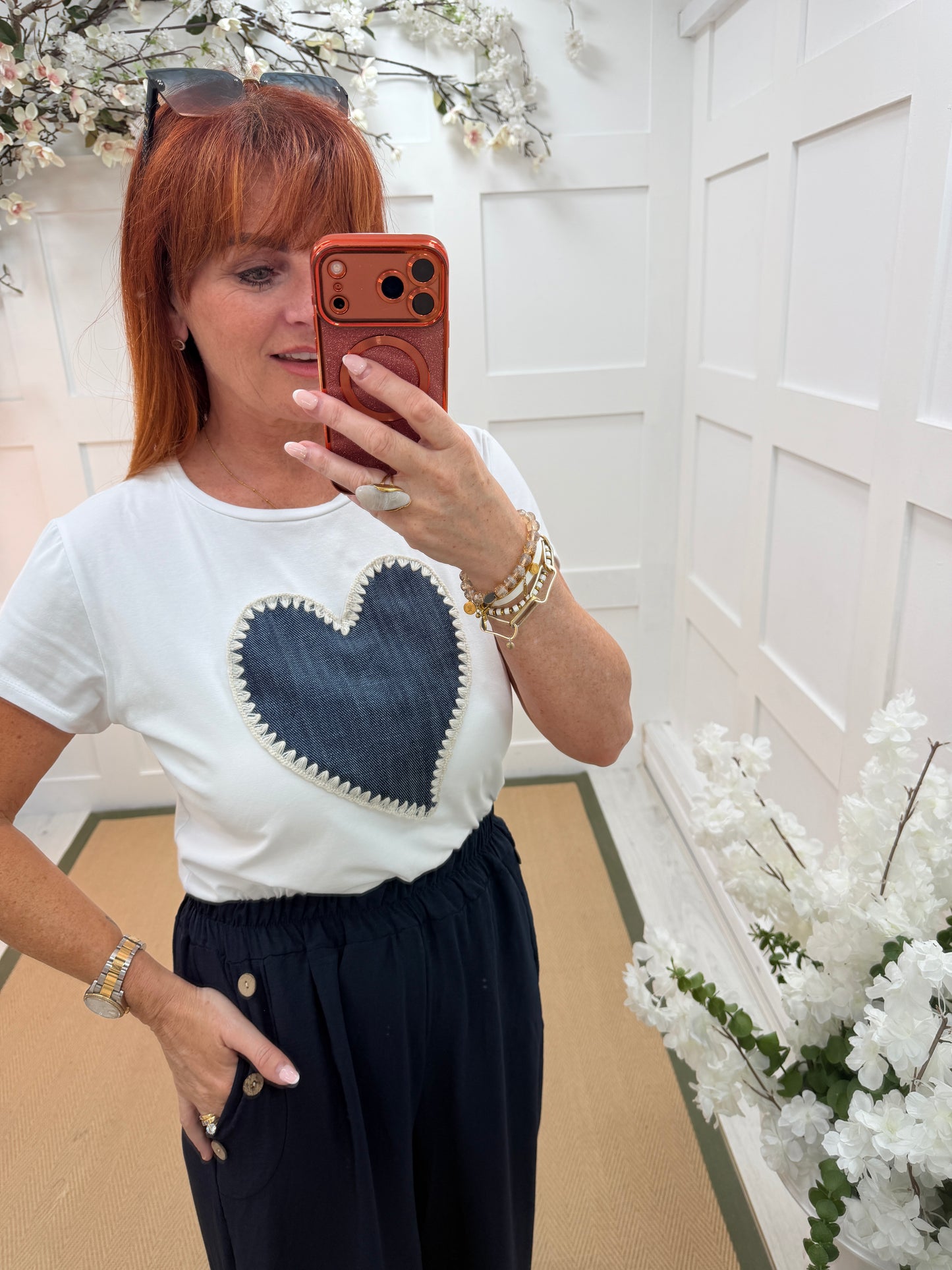 Harley: White & denim embroidered heart T shirt. One size: 10-14