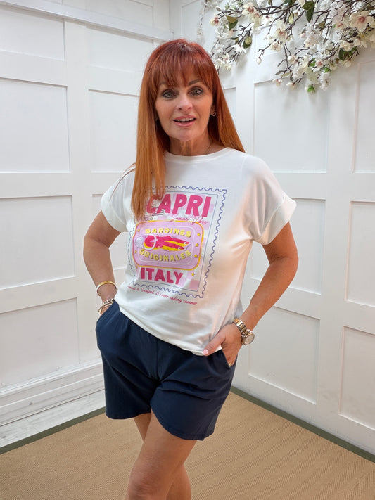 CJ: White & pink Capri sardines T shirt. One size: 10-14