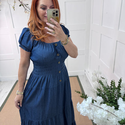 Remi: Cotton denim bardot midi dress. One Size 10-20