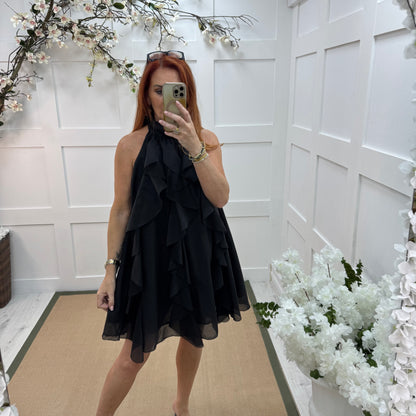 Kiki: Black ruffle knee length dress. One size 10-16