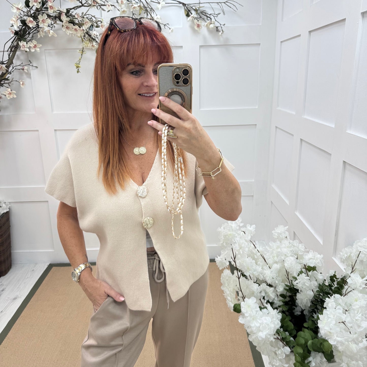 Sammi: Cream V neck gold button top. One size: 10-16