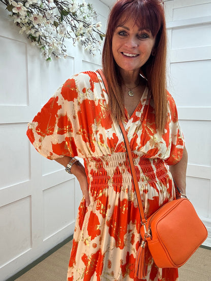 Dixi: Orange & cream stretchy midi wrap dress. One size 12-22