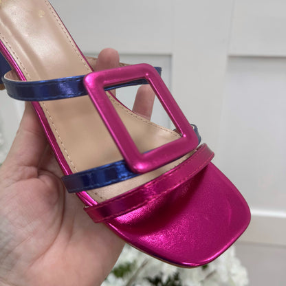 Rosa: Metallic pink & blue large buckle sandals. Sizes: 3-8