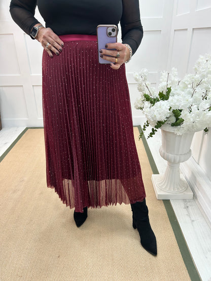 Natalie: Burgundy diamanté maxi skirt. One size 12-16