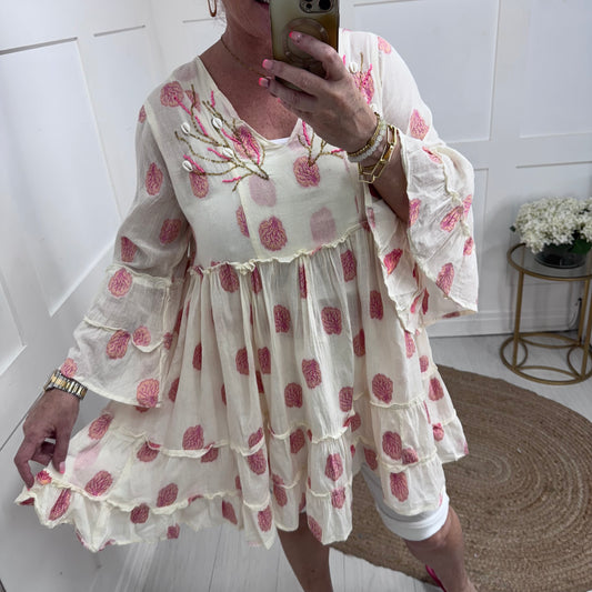 Lilia: Cream shell & embroidery tunic dress. One size: 12-16