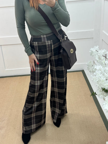 Tamara: Khaki wide leg tartan check trousers. One size 10-16