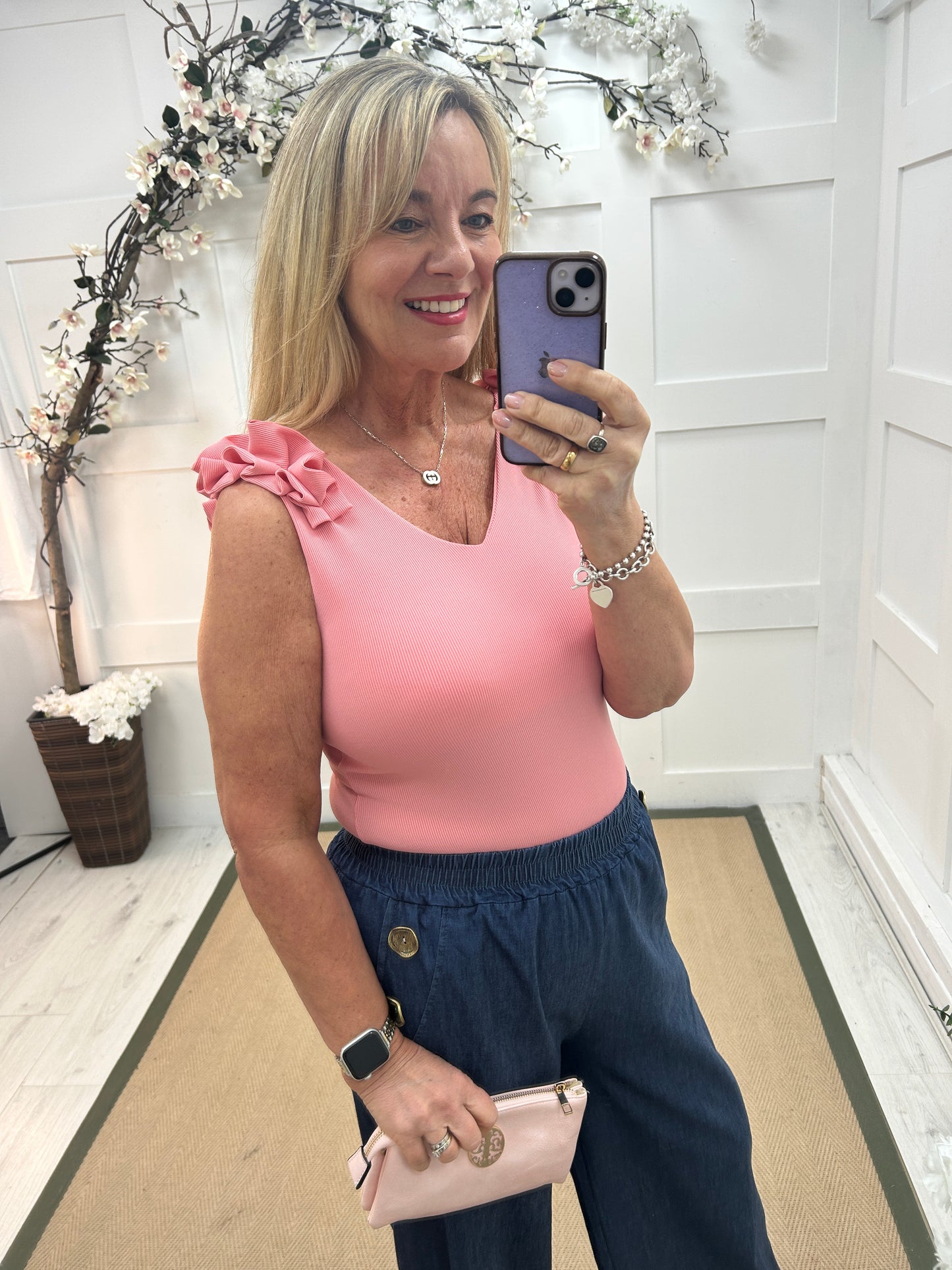 Ruthy: Ruffle shoulder V neck vest top. One size: 10-16 8 colours