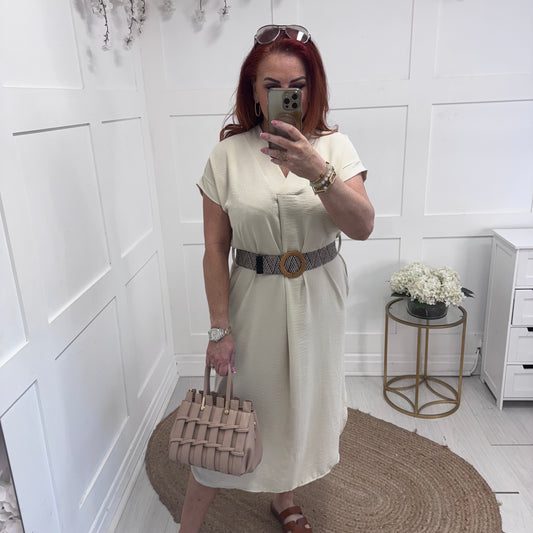 Azora: Cream V neck belted midi dress. One size 10-18