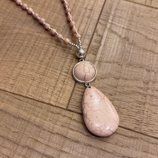Nerys: Long silver & peach pendant necklace