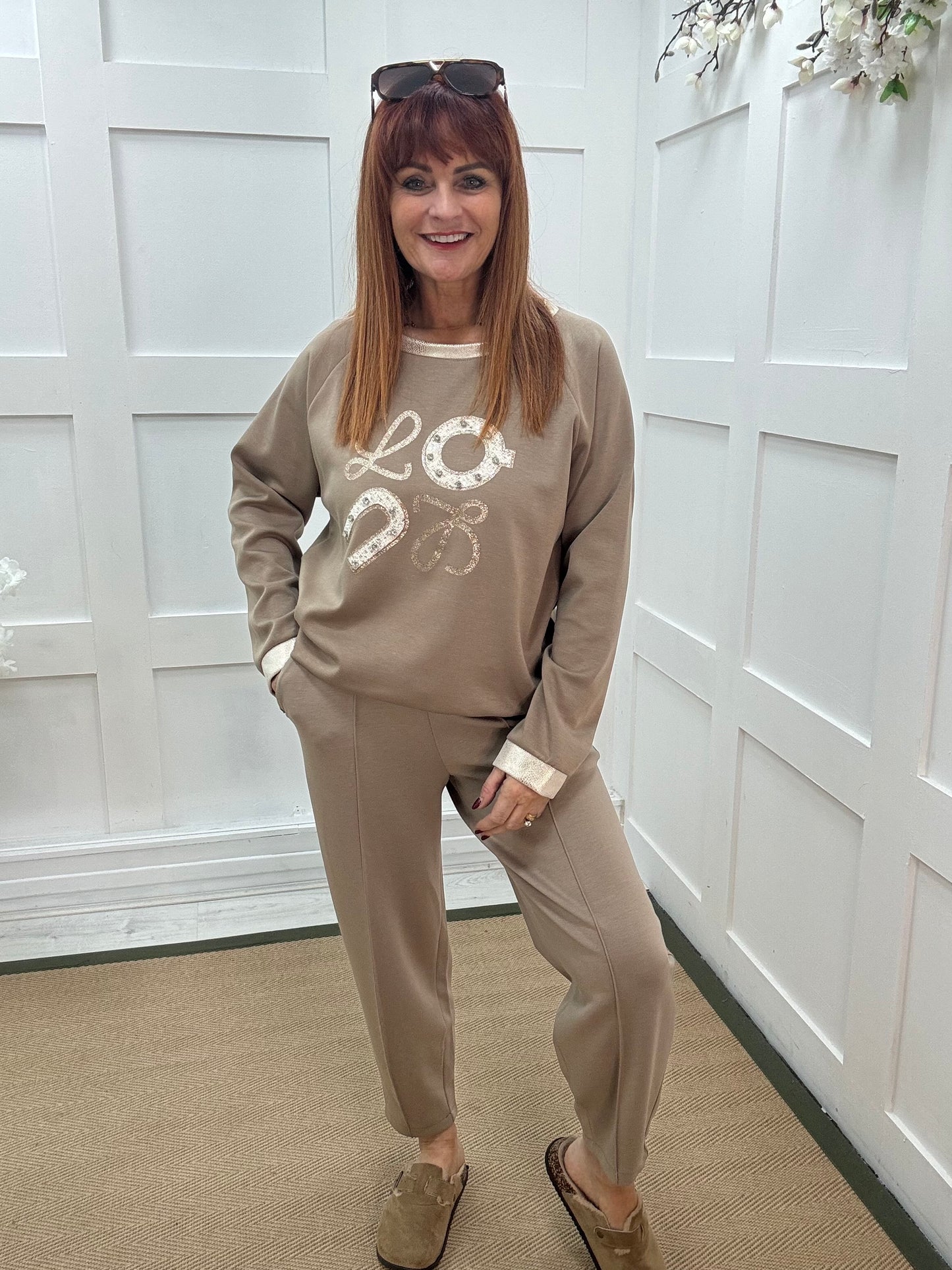 Liana: Mocha diamanté logo sweatshirt. One size: 12-16