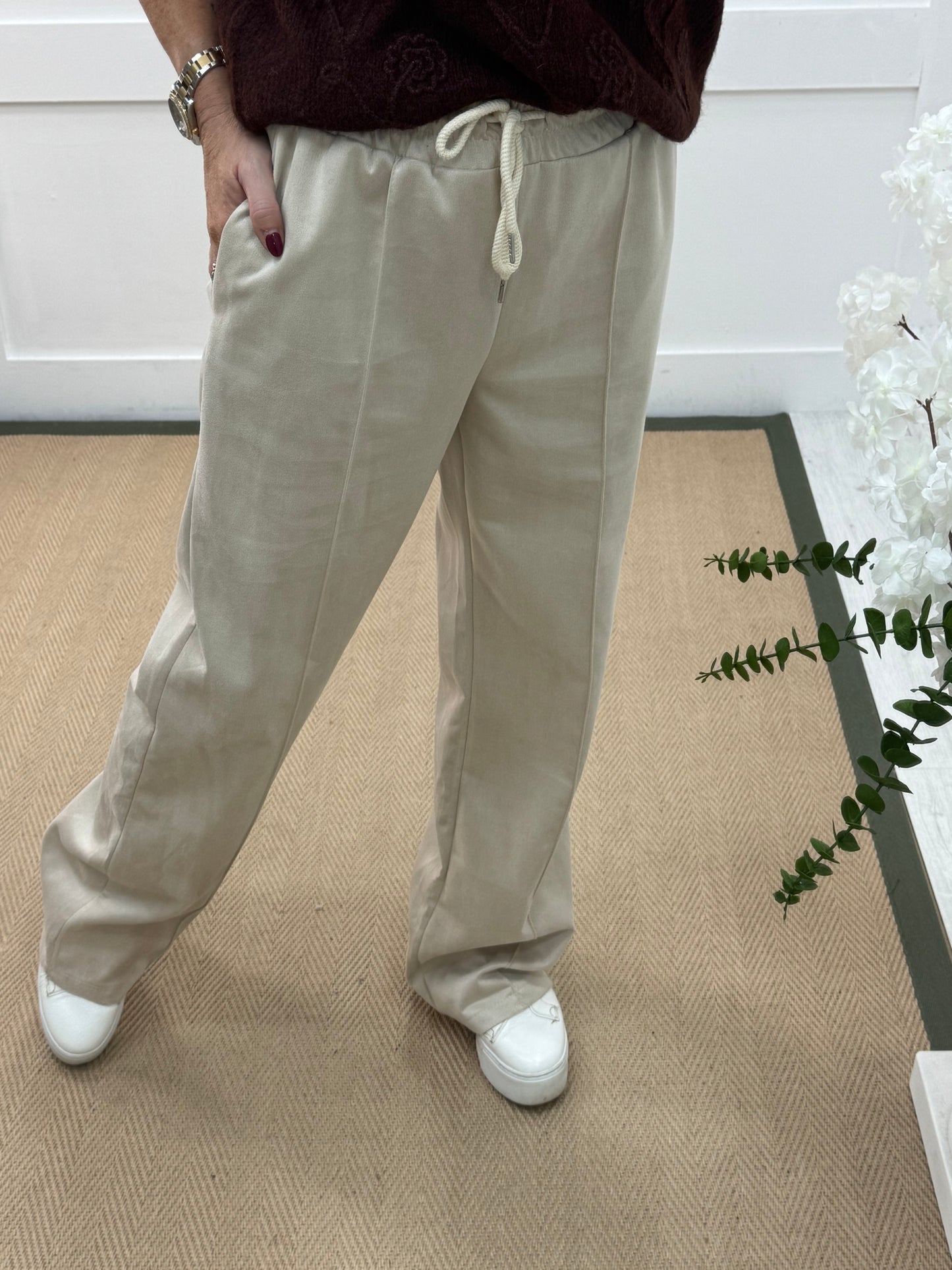 Sadie: Cream suedette wide leg pocket trousers. One size: 10-16