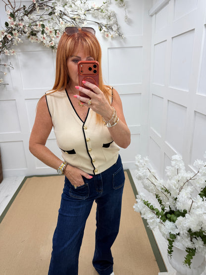Lucille: Gold button waistcoat top. One size: 8-16. 3 colours