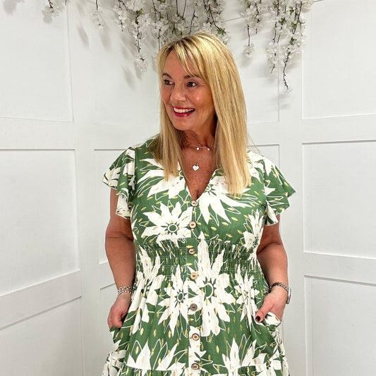 Emmy: Green & white stretchy V neck midi dress. One size: 10-20