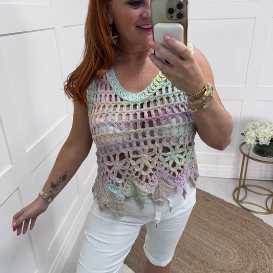 Scarlet: Multicoloured crochet vest top. One size: 12-18