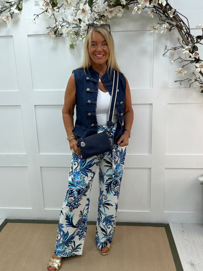 Lois: Blue & white floral wide leg trousers. Sizes: 10-14