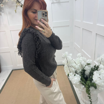 Carmel: Brown fringe knitted top. One size: 10-16