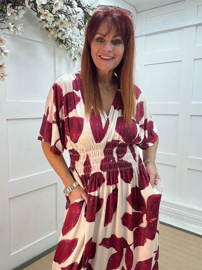 Eva: Stretchy wine & Ivory leaf maxi dress. One size 12-22