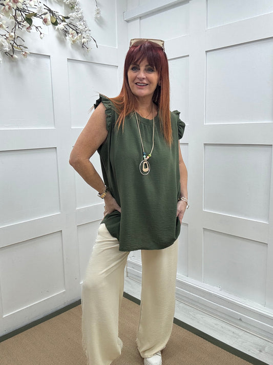 Ember: Khaki frill sleeve top & pendant. One size: 14-20