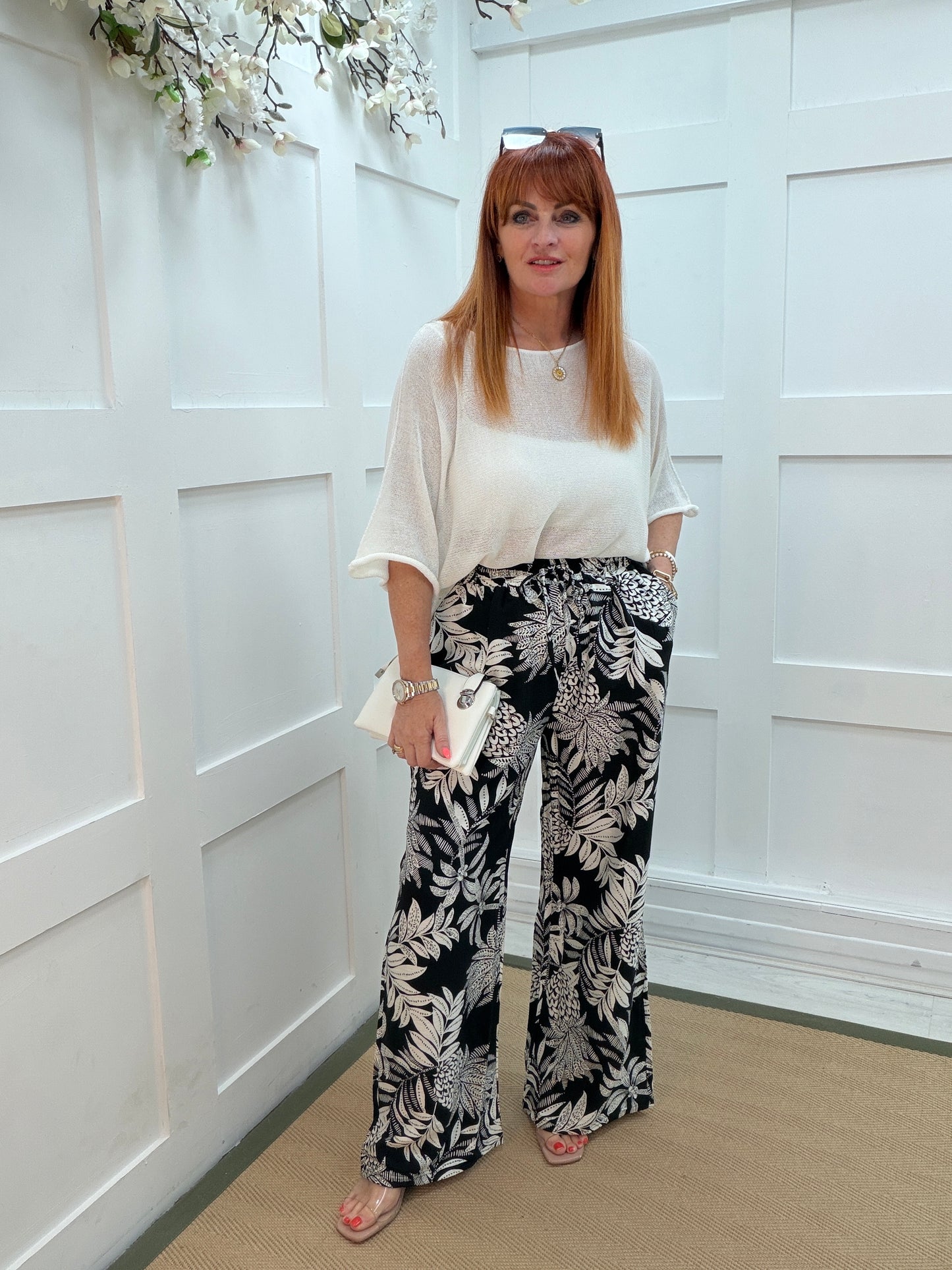 Fiona: Black & white floral print wide leg trousers. One size: 8-16