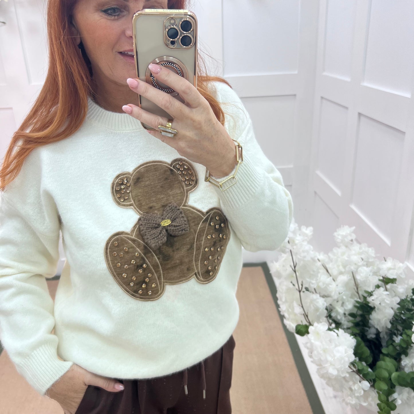 Trinity: Cream big teddy bear knitted top. One size: 12-18