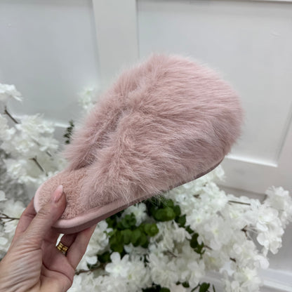 Trixi: Pink fluffy mule slippers. Sizes: 3-8