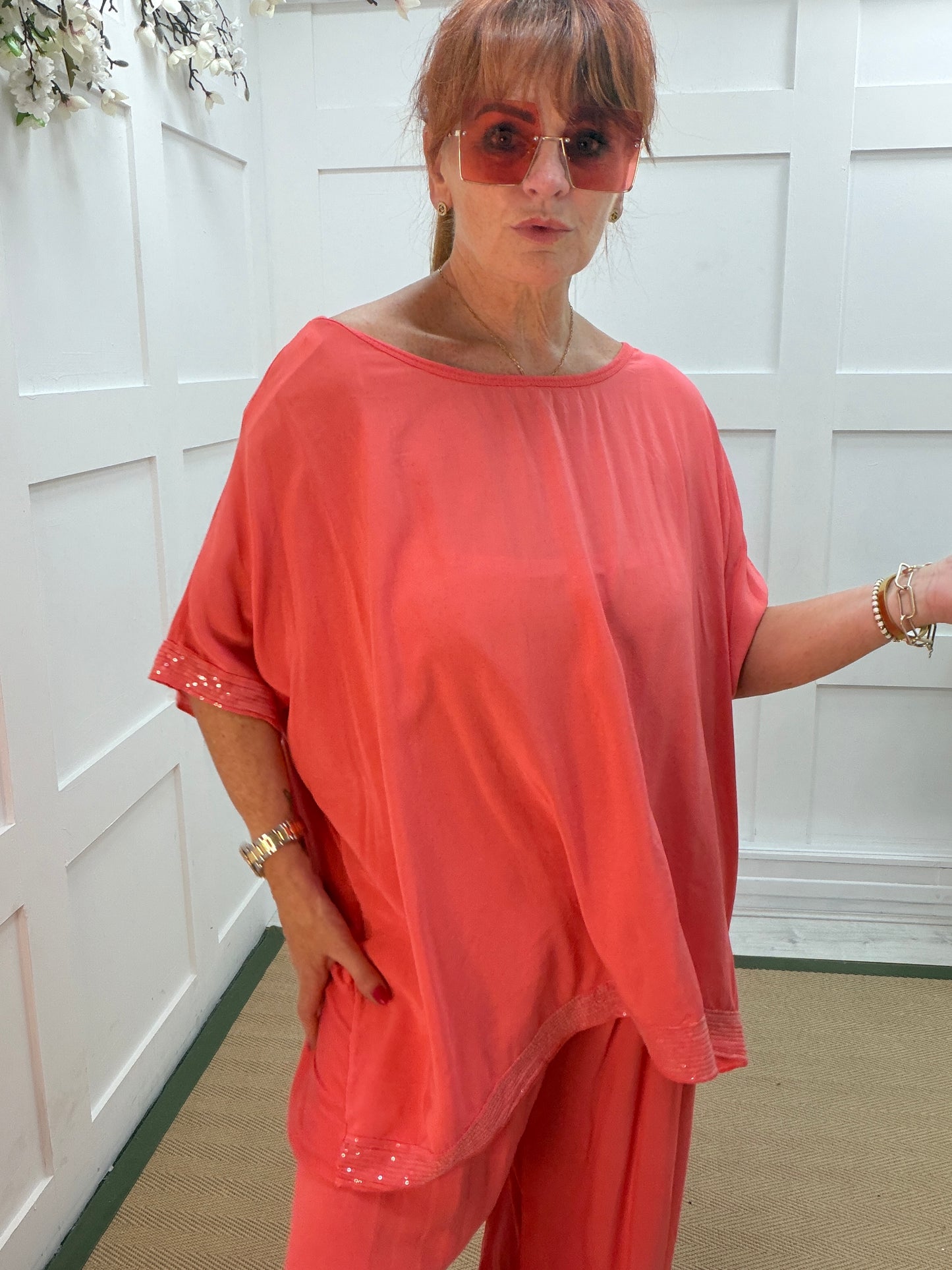 Chloe: Silky sequin top & harem trouser set. One size: 14-20. 3 colours