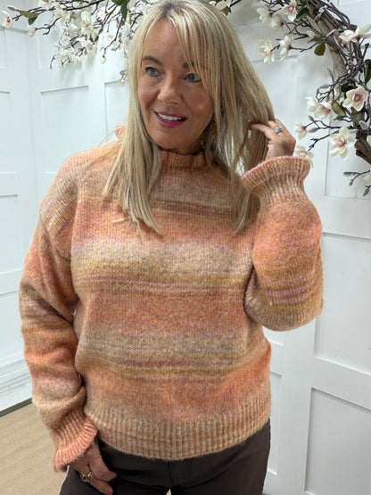 Orla: Orange stripe ruffle neck knit. One size: 10-16
