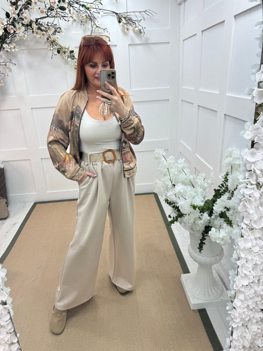 Ellis: Cream stretchy wide leg belted trousers One Size: 14-20
