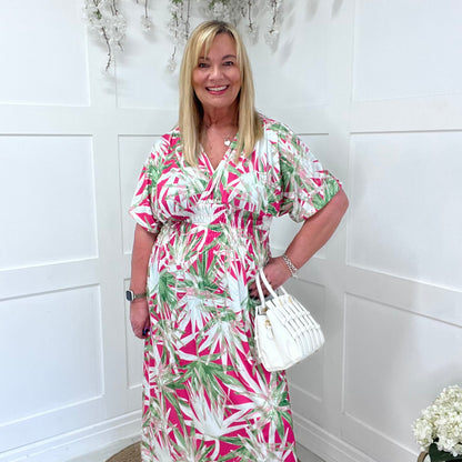 Eva: Stretchy pink & green palm maxi dress. One size 12-24