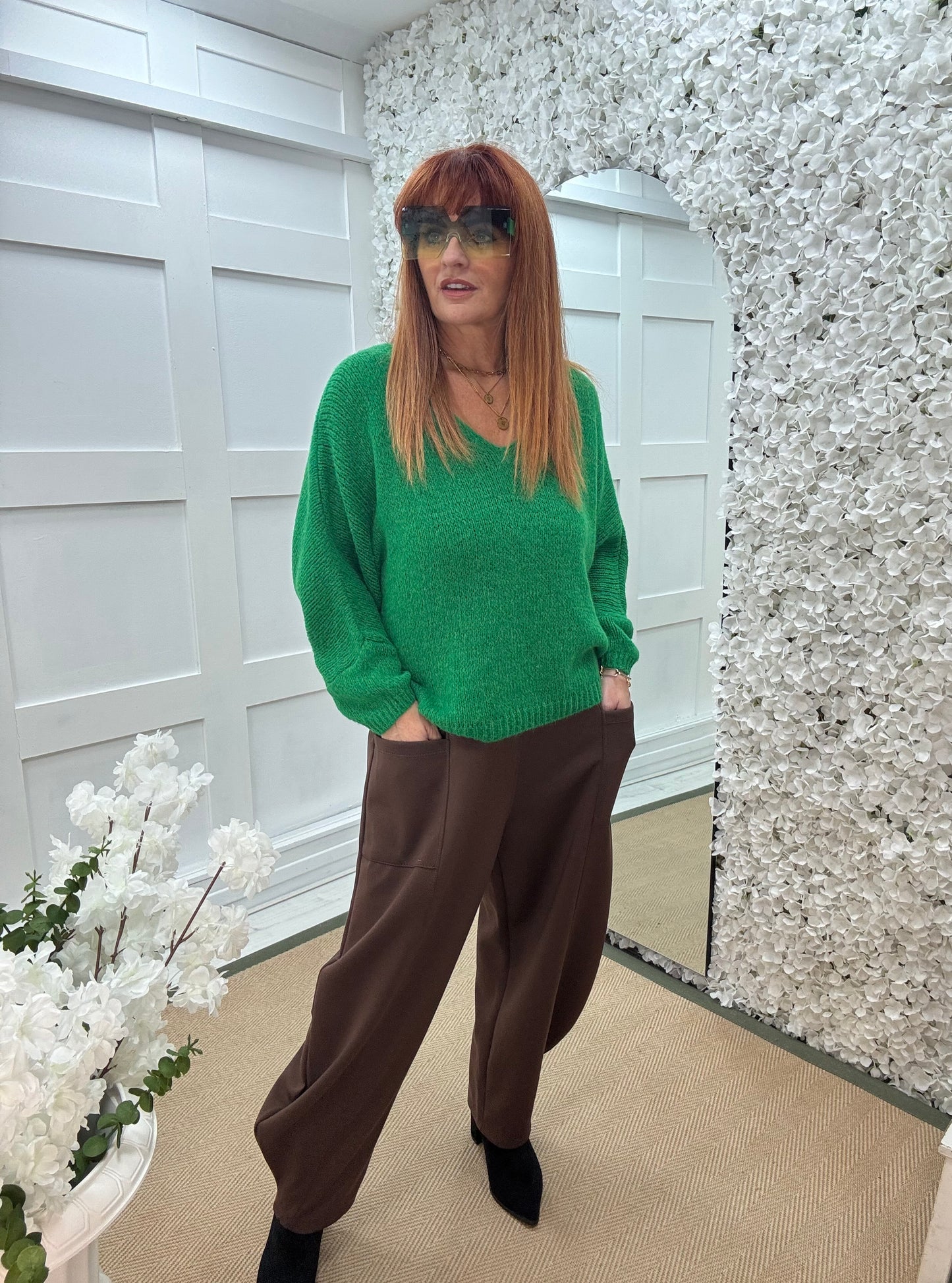 Alex: Green V neck knitted top. One size 14-20