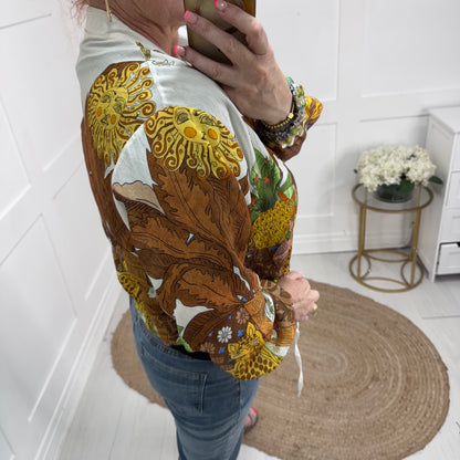 Martha: Silky brown jungle printed bomber jacket. One size: 8-18