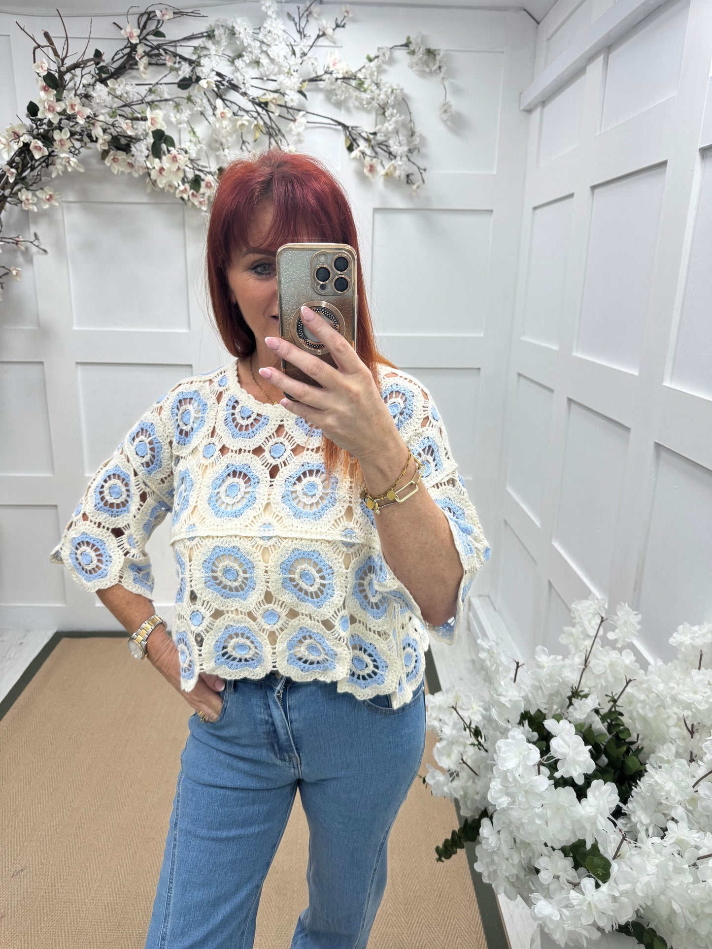 Candy: Blue and cream short crochet top. One size: 12-16